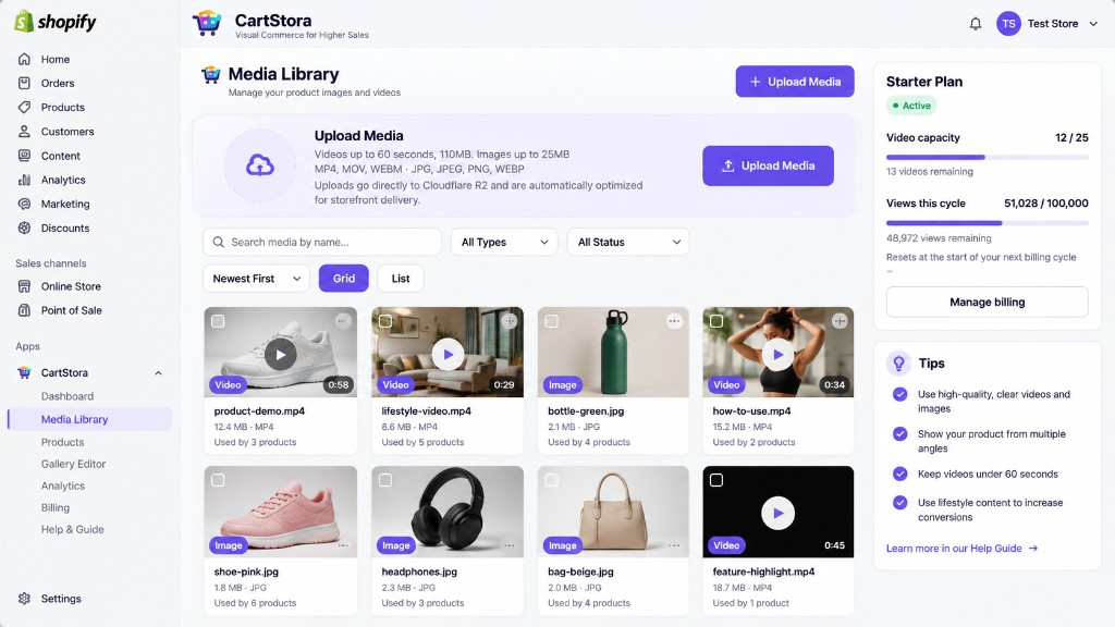 CartStora Media Library in Shopify admin, showing uploaded product images and videos with plan capacity.
